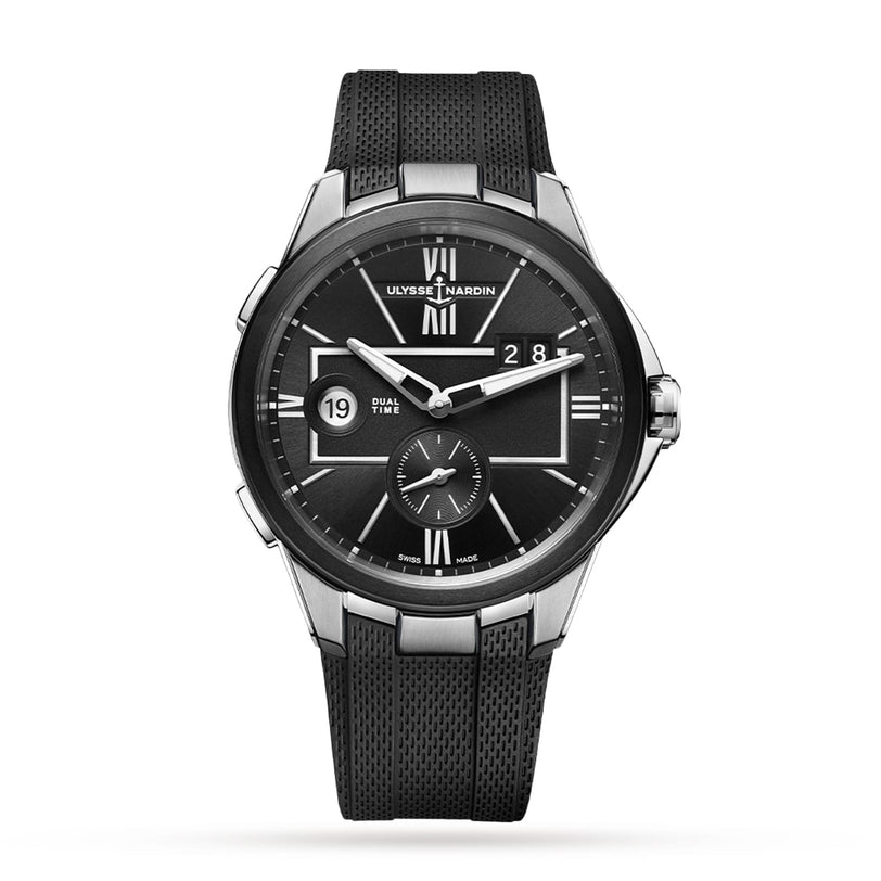 The Ulysse Nardin Blast Dual Time is a black timepiece with a round dial, Dual Time and Home Time functions, date window, and a sleek black rubber strap, shown on a white background.