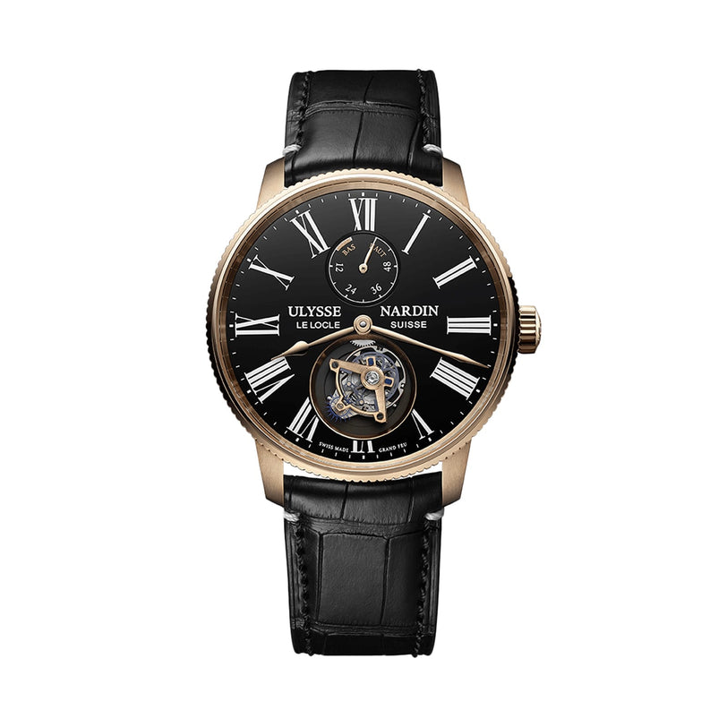 The Ulysse Nardin Marine Torpilleur Tourbillon features a gold case, black leather strap, Grand Feu enamel dial with Roman numerals, and a striking flying tourbillon.