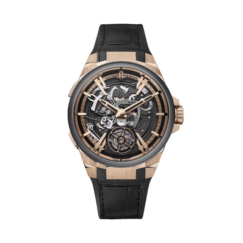 The Ulysse Nardin Blast Hourstriker is a luxury skeleton timepiece with a black leather strap, gold and black case, visible mechanical movement, and the brand logo on the dial—drawing inspiration from the iconic Blast Hourstriker.