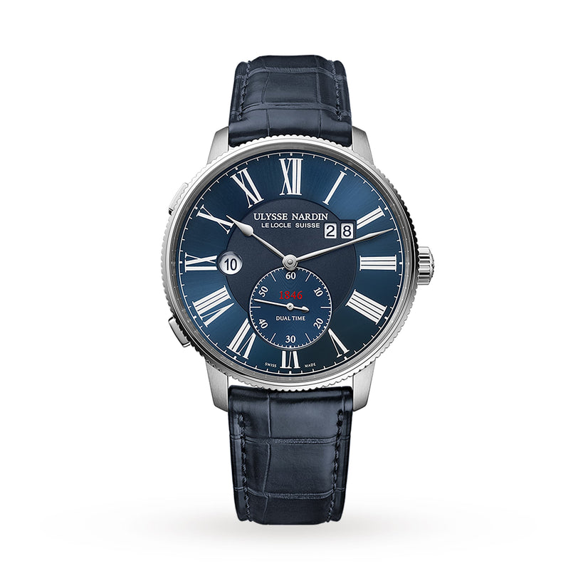 The Ulysse Nardin Marine Torpilleur Dual Time features a blue dial with Roman numerals, dual time function, date window, and a black leather strap—reflecting the brand’s marine chronometer heritage.