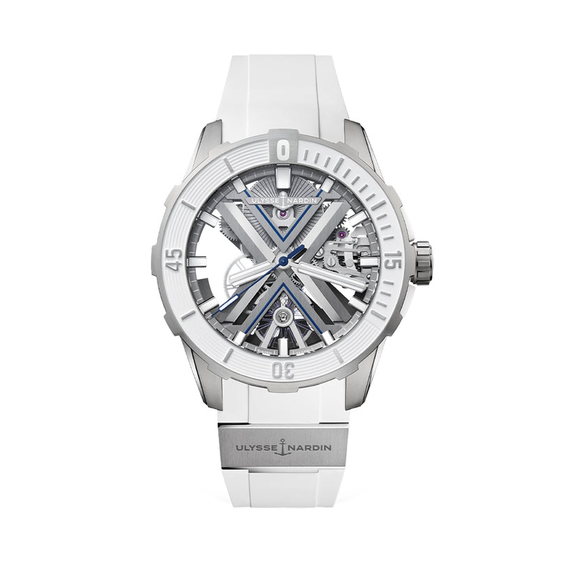 The Ulysse Nardin Diver X Skeleton is a white wristwatch with a skeleton dial, silver accents, visible gears, a titanium case, and a white rubber strap displaying the brand logo.