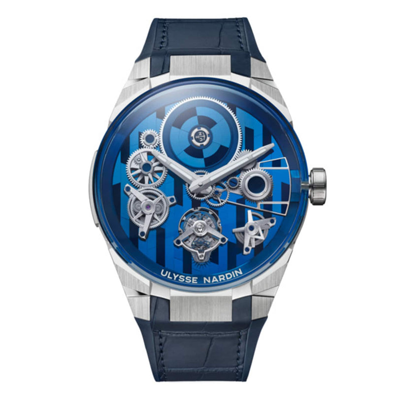 The Ulysse Nardin Blast Free Wheel Marquetry is a luxury watch featuring a blue face, visible gears, and a blue leather strap.
