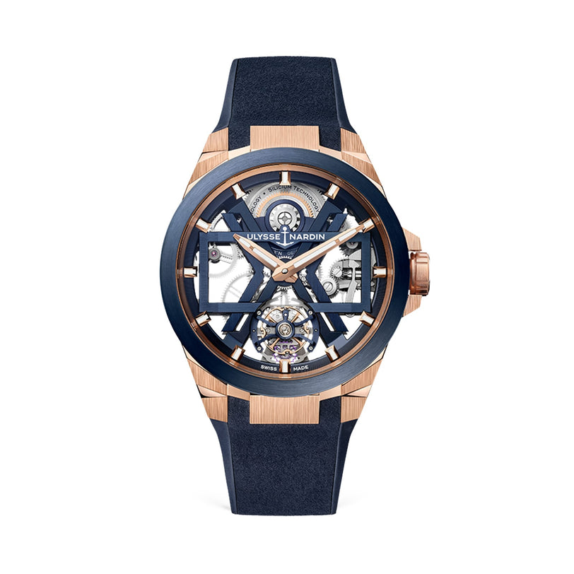 The Ulysse Nardin Blast Tourbillon features a black and gold case, open-worked dial showcasing its mechanics, and a matching black strap—a striking luxury wristwatch from the Blast Collection.