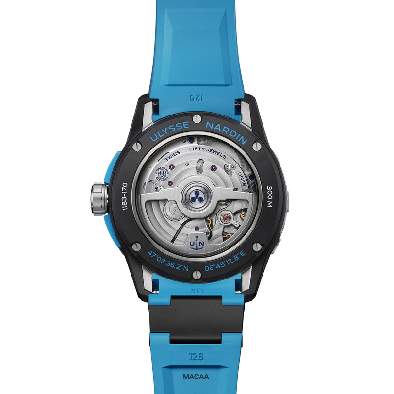 Back view of the Ulysse Nardin Diver NET Azure watch with a blue strap, displaying its UN-118 movement and engraved details.