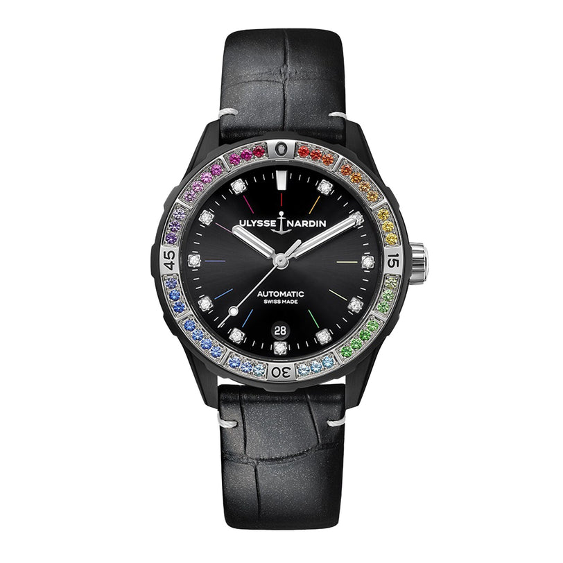 The Diver Rainbow 39 by Ulysse Nardin is an automatic black wristwatch with a black leather strap and a bezel set with multicolor gemstones, offering vibrant luxury and water resistance up to 300 meters.