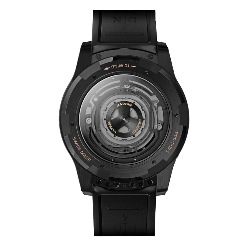 The Ulysse Nardin Freak ONE luxury mechanical watch is displayed from the back, showcasing its intricate movement, labeled components like the rotating disc, and features the Ulysse Nardin brand name.