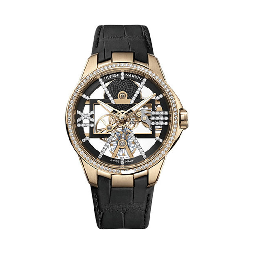 The Ulysse Nardin Blast Skeleton X is a gold and black luxury wristwatch with a skeleton dial, diamond accents, and a black leather strap—an exquisite example of Haute Horlogerie craftsmanship.