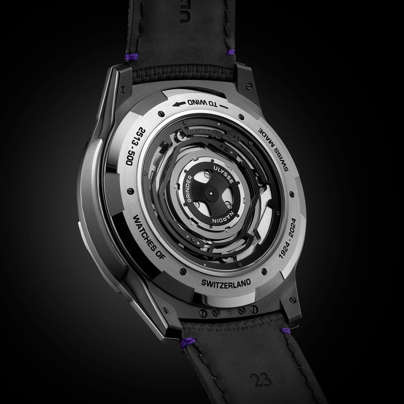 Close-up of the back of the Ulysse Nardin Freak S WOS Centenary Exclusive, highlighting its Haute Horlogerie mechanical movement, Swiss engravings, and exclusive limited edition numbering.