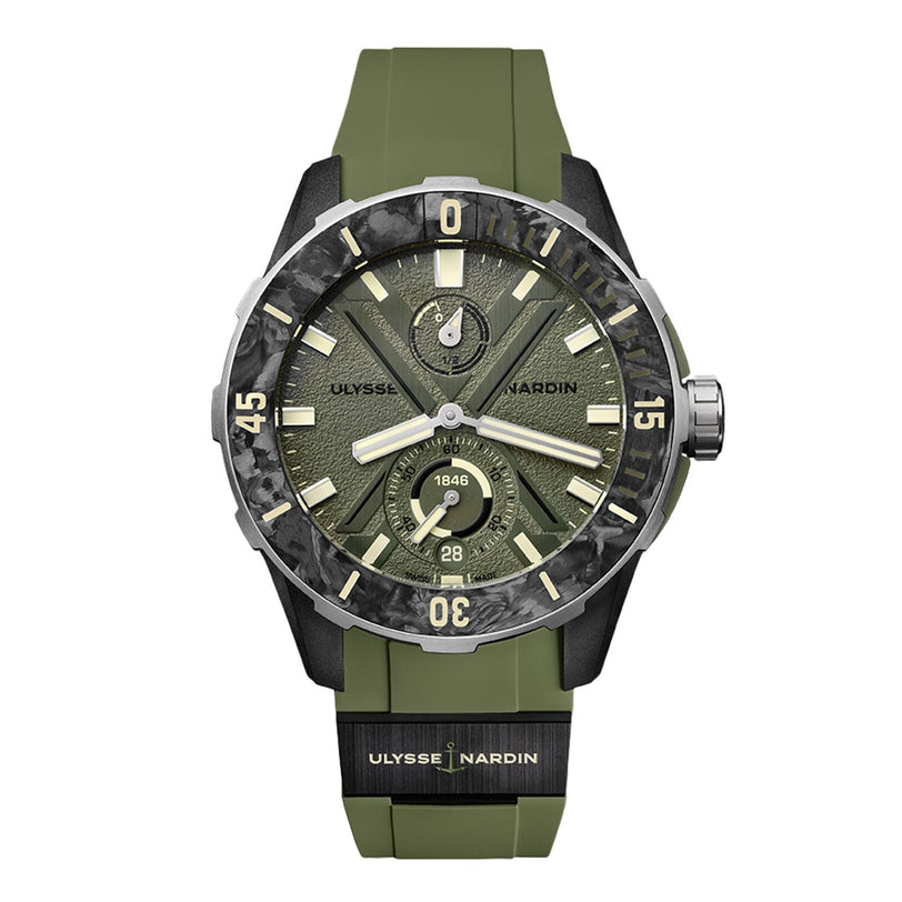 The Ulysse Nardin Diver NET OPS is a green wristwatch with a black bezel, luminous hands and hour markers, a date window at 6 o’clock, and a sustainable green rubber strap crafted from innovative materials.