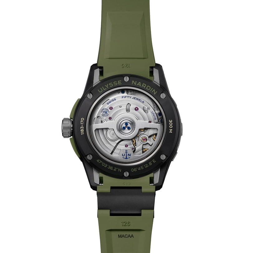 Back view of the Ulysse Nardin Diver NET OPS with a green strap, revealing its exposed mechanical movement and engraved case, reflecting the brand’s commitment to sustainability with innovative materials.