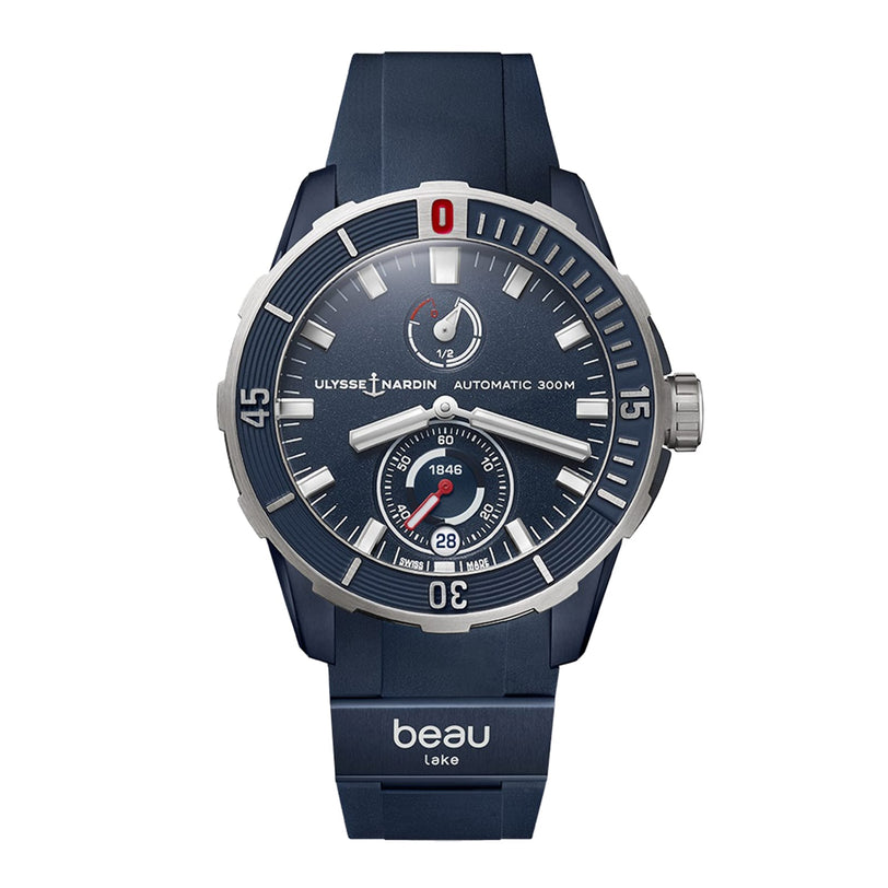 The Ulysse Nardin Diver X Beau Lake is a blue men’s diver watch featuring a rubber strap, analog display, visible branding, and indicators for time, date, and power reserve.