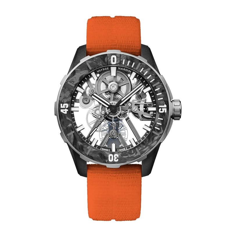 The Ulysse Nardin Diver Air is a luxury mechanical dive watch with a transparent skeleton dial, black bezel, and vibrant orange textured strap.