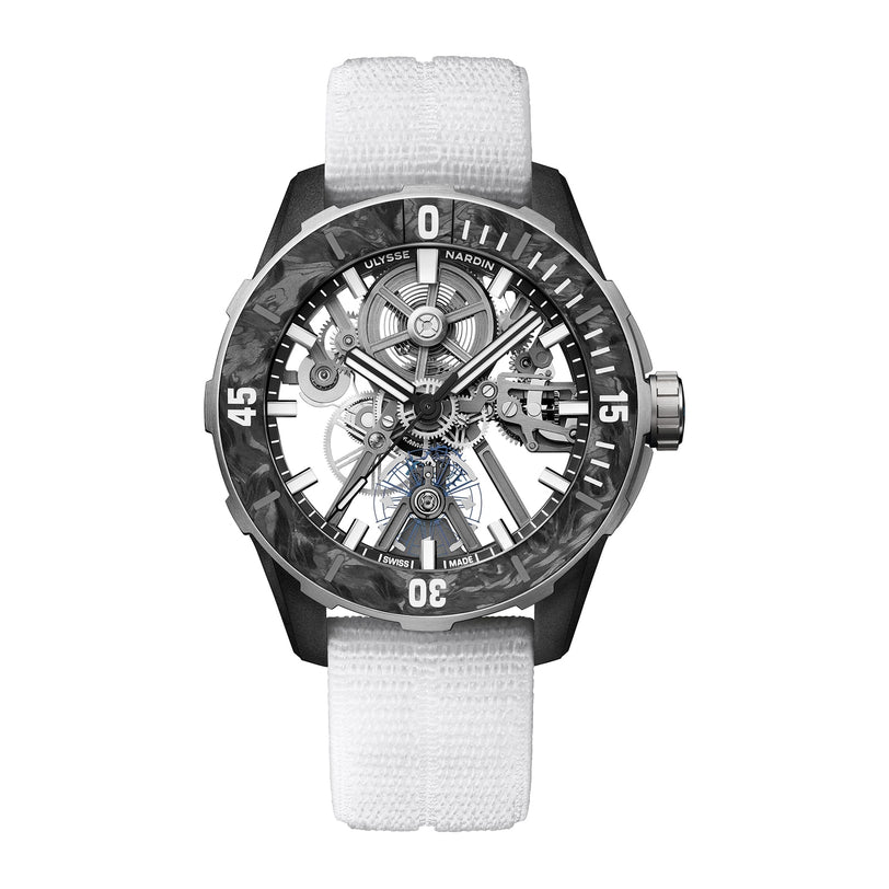 The Ulysse Nardin Diver Air features a skeleton dial with exposed mechanics, bold numerals, a textured bezel, and a white fabric strap—a standout mechanical dive watch blending innovation and striking design.