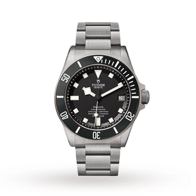 A TUDOR Pelagos, featuring a black dial, white markers, date display, and a titanium bracelet, is shown against a plain white background.