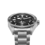 A TUDOR Pelagos stainless steel divers watch with a black dial, luminescent markers, rotating bezel, date window, and metal bracelet is angled to display its side and face.