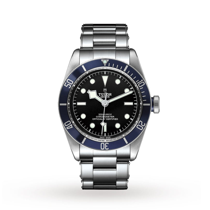 A TUDOR Black Bay diving watch with a black dial, blue bezel, round markers, and metal bracelet has a self-winding mechanical movement and is shown on a white background.