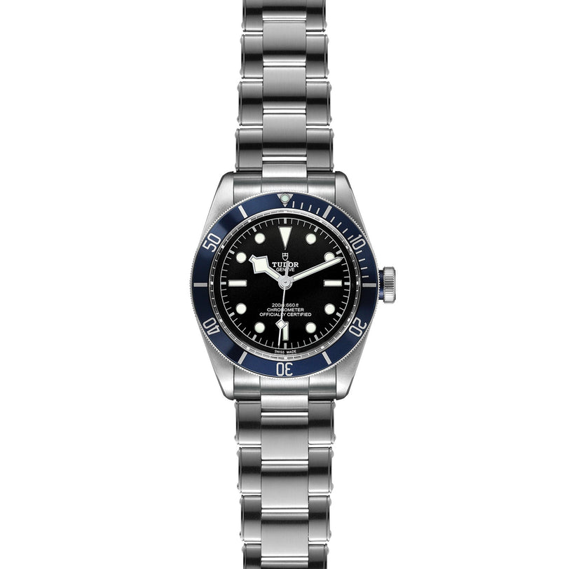 The TUDOR Black Bay is a stainless steel diving-inspired wristwatch with a black dial, white hour markers, blue bezel, self-winding mechanical movement, and metal link bracelet.