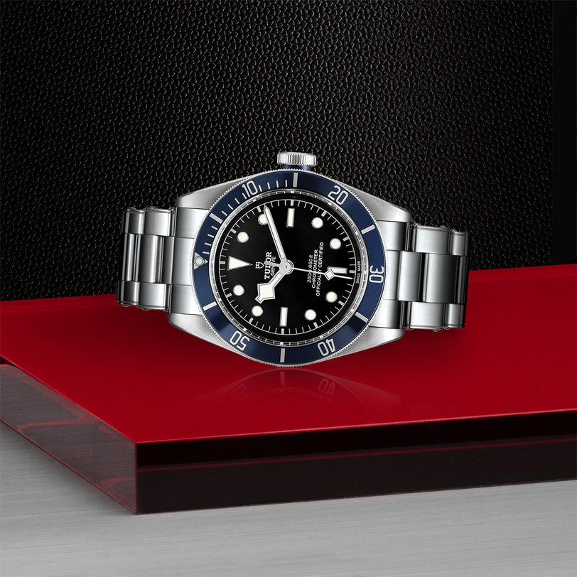 The TUDOR Black Bay stainless steel diving watch features a black dial, blue bezel, and self-winding mechanical movement, displayed on a red and black geometric surface.