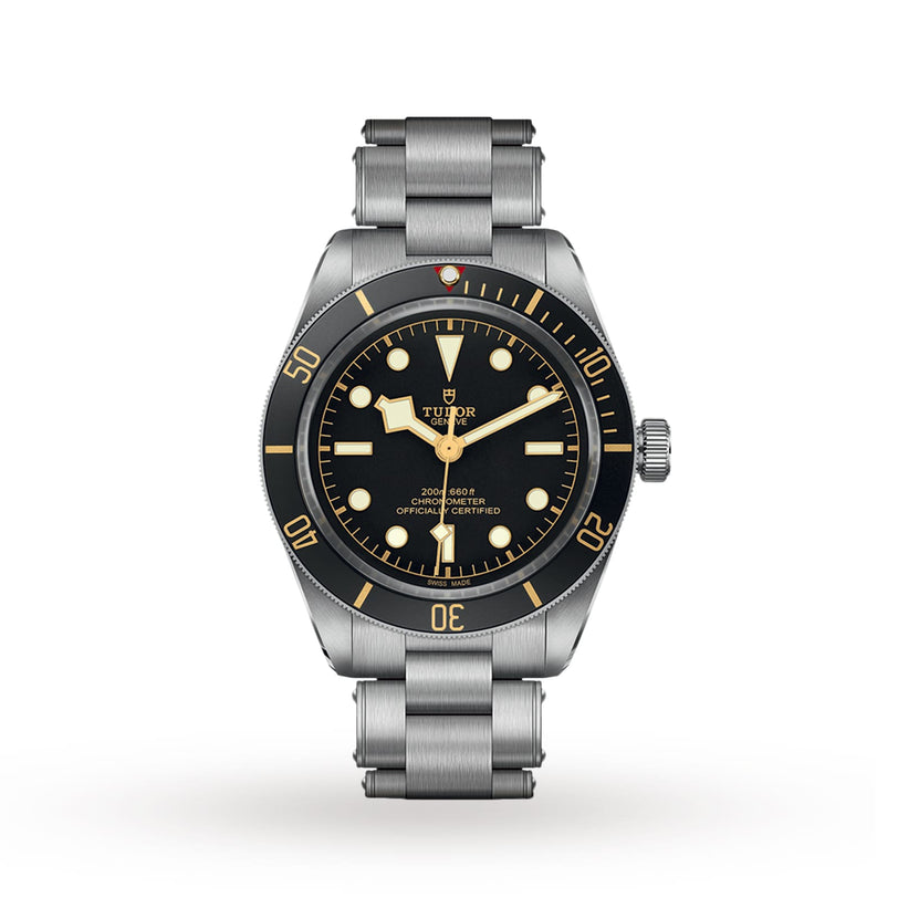 The TUDOR Black Bay 58 is a vintage-inspired stainless steel wristwatch with a black dial, luminous hands and markers, rotating bezel, and metal bracelet—an eye-catching diving watch displayed on a white background.