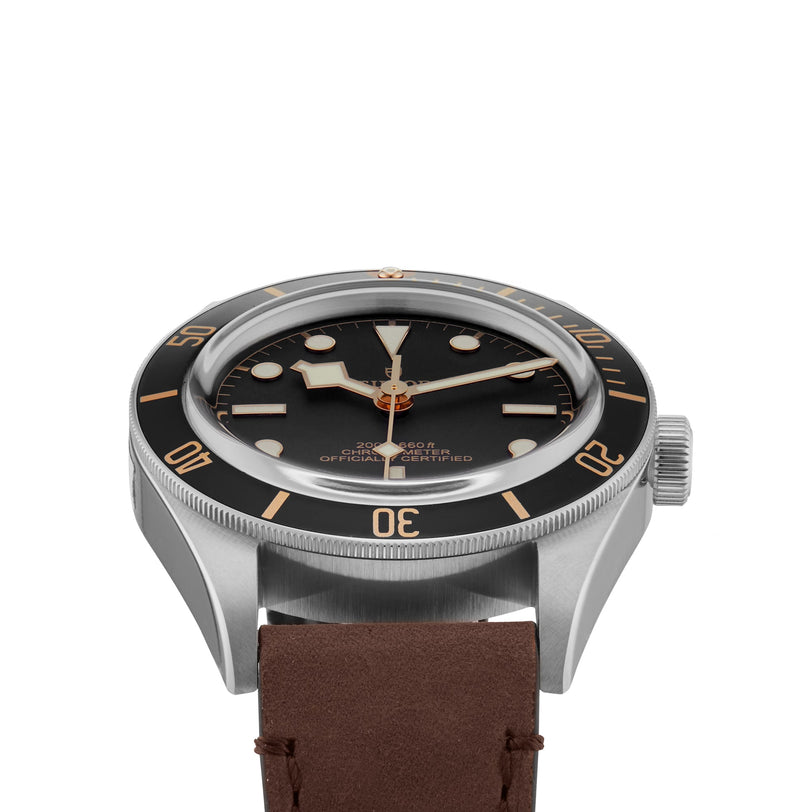 The TUDOR Black Bay 58 is a vintage-inspired stainless steel wristwatch with a black bezel, black dial, luminous markers, and a brown leather strap, reminiscent of classic diving watches, shown from the front.