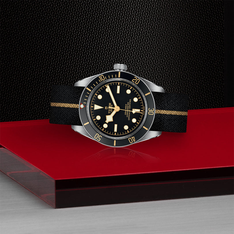The TUDOR Black Bay 58, a black and gold wristwatch, is displayed on a red and black geometric platform against a textured black background.
