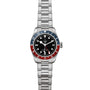 The TUDOR Black Bay GMT is a stainless steel wristwatch featuring a black dial, date display, and blue-red bezel on a metal bracelet—an eye-catching model inspired by classic diving watches.