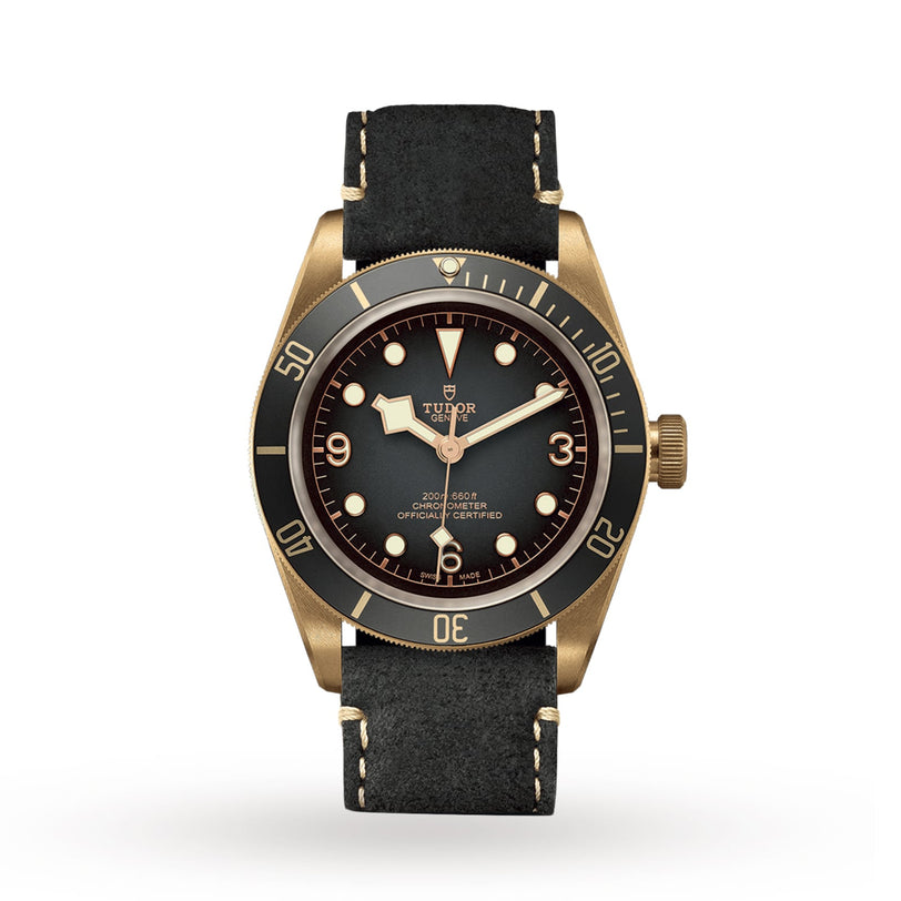 The TUDOR Black Bay Bronze features a black dial, gold-tone case, and black leather strap with luminous markers and a rotating bezel—a striking diving watch for classic timepiece enthusiasts.