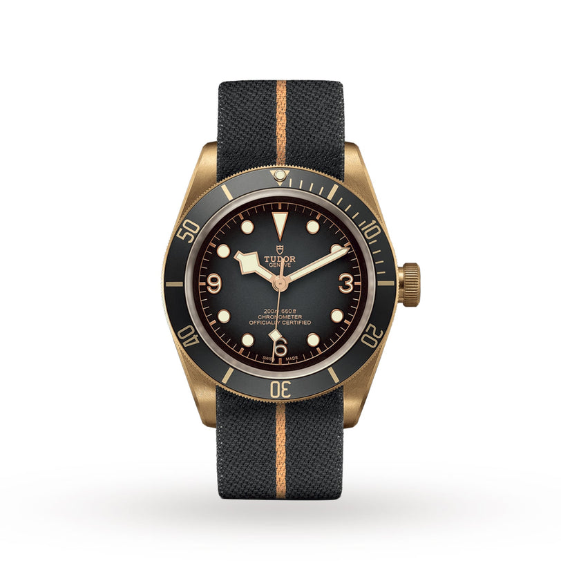 The TUDOR Black Bay Bronze dive watch features a green dial, bronze bezel, and green fabric strap with a bronze stripe—ideal for fans of premium mechanical diver’s watches.