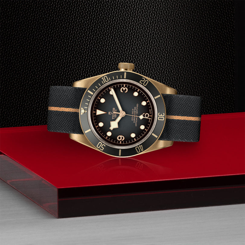 The TUDOR Black Bay Bronze wristwatch, with a gold case, black face, and black strap accented by a gold stripe, is showcased on a red and silver surface against a textured black backdrop, echoing the refined elegance of luxury diving timepieces.