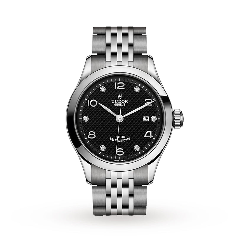 The TUDOR 1926 wristwatch, crafted in stainless steel with a black textured dial, silver hour markers, date at 3 o’clock, and a five-link bracelet, is displayed on a white background for mechanical watch enthusiasts.
