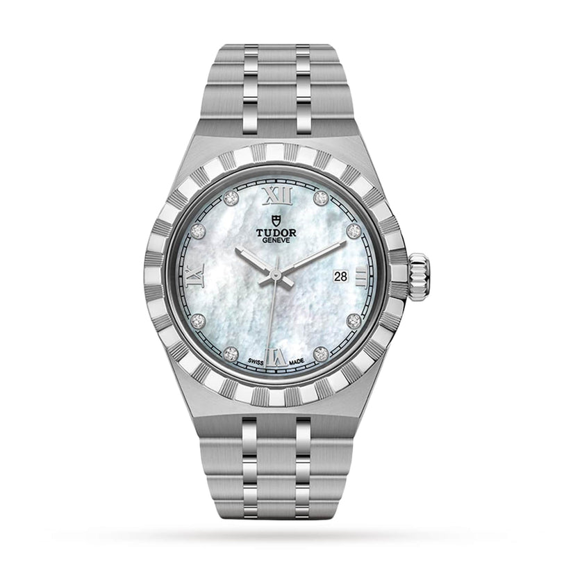 The TUDOR Royal is a silver automatic wristwatch with a metal bracelet, fluted bezel, mother-of-pearl dial, diamond hour markers, Roman numerals, and a date window at 3 o’clock—timeless sport-chic style.