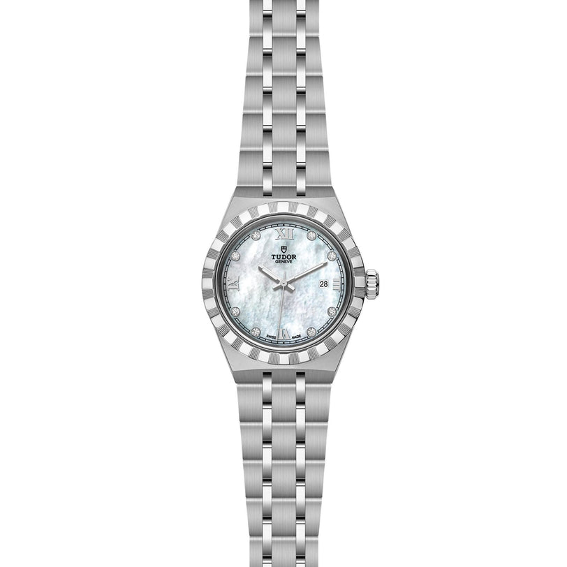 The TUDOR Royal is a refined automatic sport-chic watch in stainless steel and gold, featuring a silver bracelet, fluted bezel, white mother-of-pearl dial with Roman numerals, and a date window at 3 o’clock.