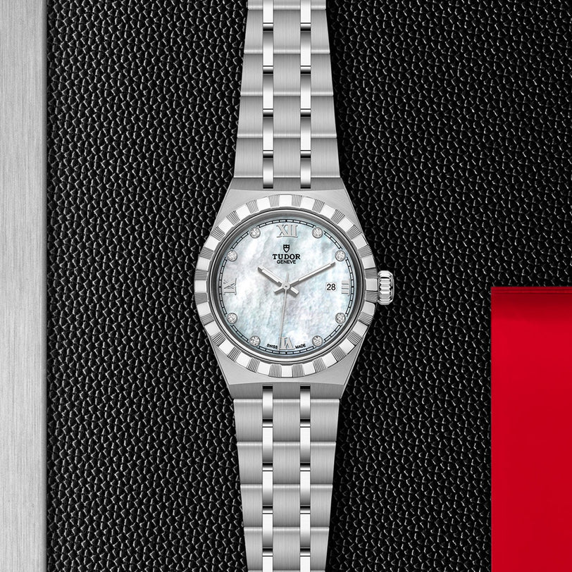 A TUDOR Royal wristwatch, featuring a silver case, white mother-of-pearl dial with diamond hour markers, and date display—an elegant automatic sport-chic timepiece by TUDOR.