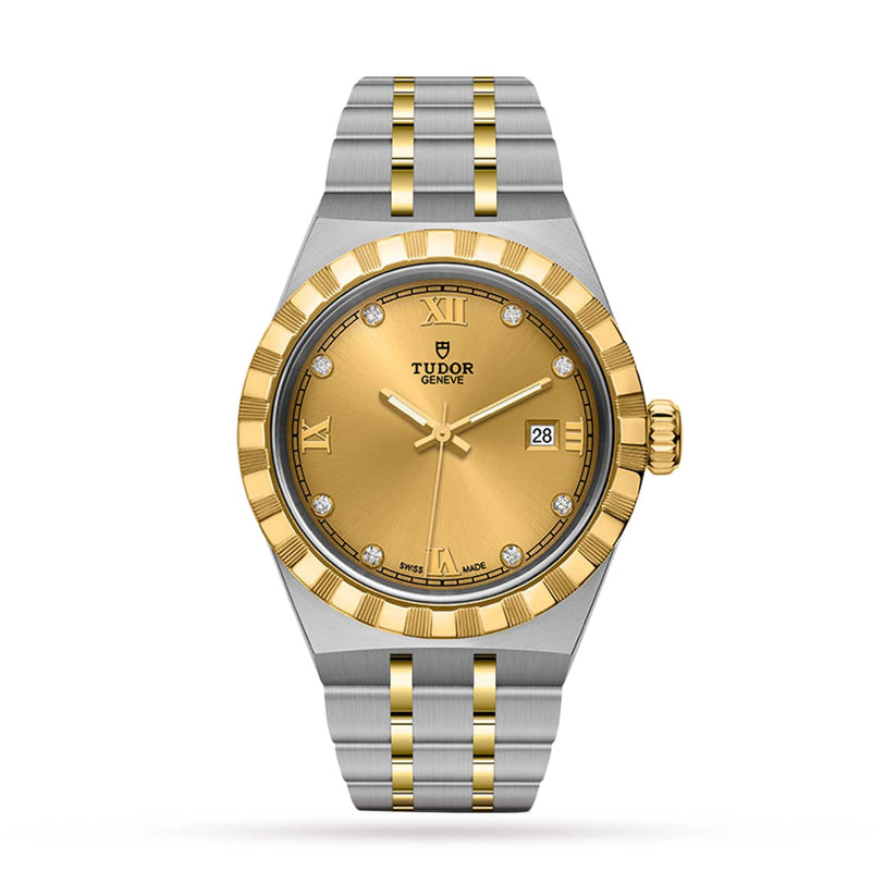 The TUDOR Royal features a gold dial with diamond hour markers, date at 3 o’clock, and a stainless steel and gold bracelet—a classic automatic sport-chic wristwatch.
