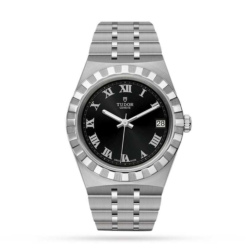 The TUDOR Royal is a stainless steel wristwatch featuring a black dial, Roman numeral hour markers, a date window at 3 o’clock, and a silver metal link bracelet—ideal for fans of refined sport-chic watches.