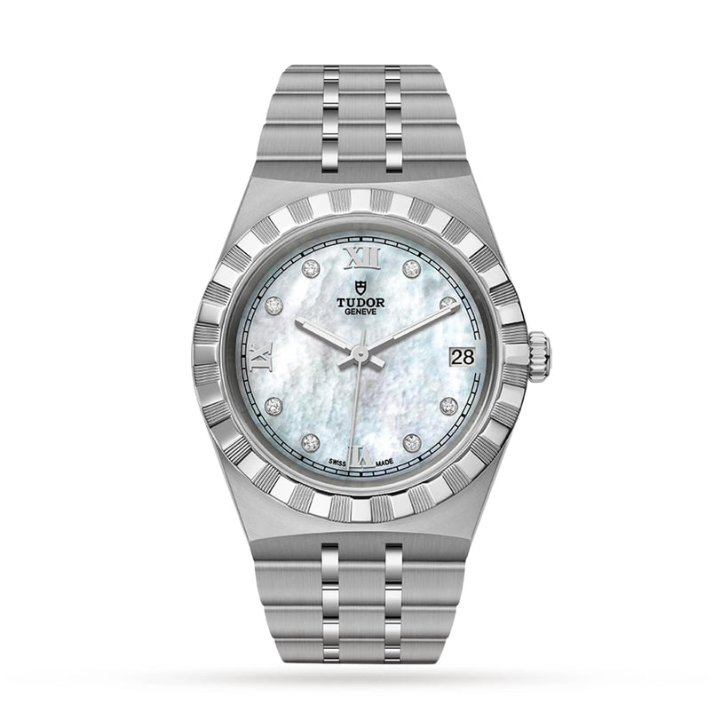 The TUDOR Royal features a stainless steel case, mother-of-pearl dial with Roman numerals and diamond hour markers, date window at 3 o’clock, and a silver link bracelet—sport-chic elegance from TUDOR.