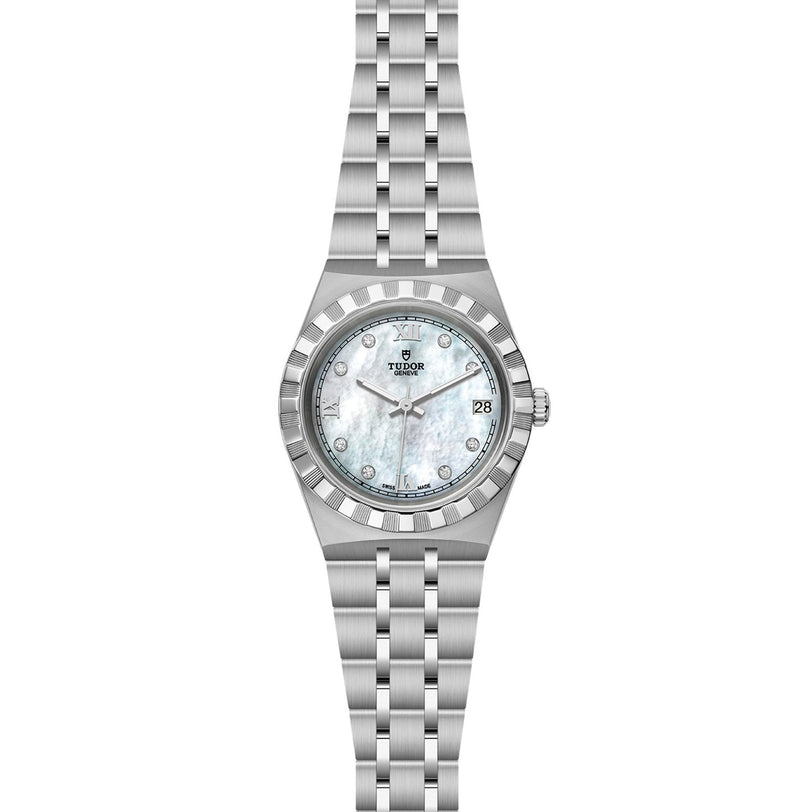 A TUDOR Royal wristwatch with a silver metal link bracelet and a white mother-of-pearl dial featuring diamond hour markers.