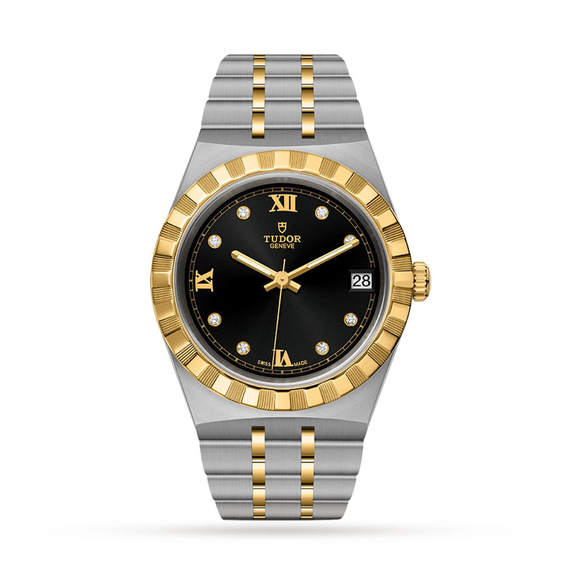 The TUDOR Royal is a two-tone automatic watch featuring a black dial, gold Roman numerals, diamond hour markers, date at 3 o’clock, and a stainless steel and gold bracelet—offering sport-chic style with advanced technical performance.