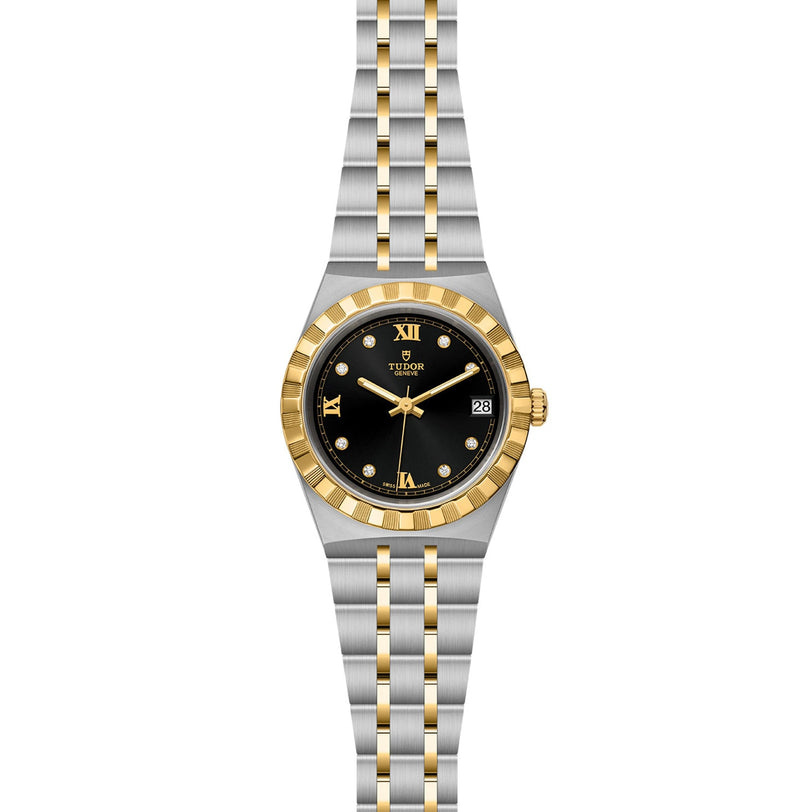 The TUDOR Royal is a sport-chic automatic wristwatch featuring a black dial, gold Roman numerals and markers, date display, and a two-tone stainless steel and gold bracelet, delivering cutting-edge technical performance.