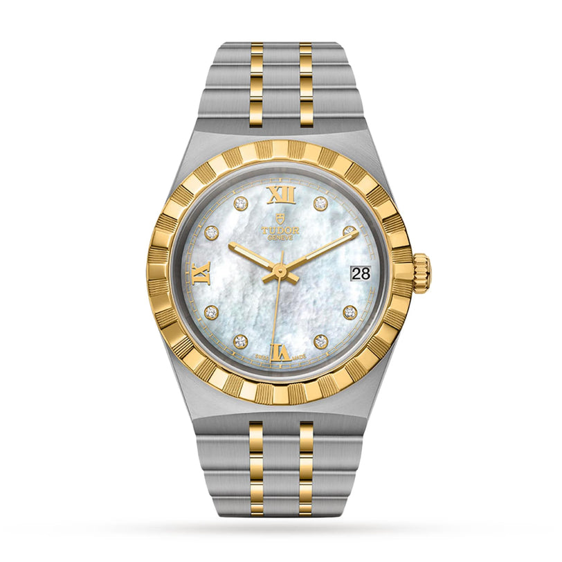The TUDOR Royal is a two-tone automatic watch with a stainless steel and gold bracelet, gold bezel, and white mother-of-pearl dial featuring gold Roman numerals, diamond markers, and a date window at 3 o’clock. Sport-chic style.