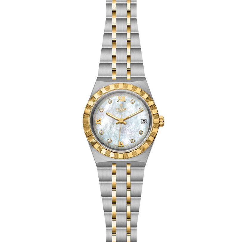 The TUDOR Royal is a two-tone stainless steel and gold watch featuring a white mother-of-pearl dial, gold Roman numerals, diamond hour markers, and a date at 3 o’clock—an automatic sport-chic timepiece with timeless elegance.