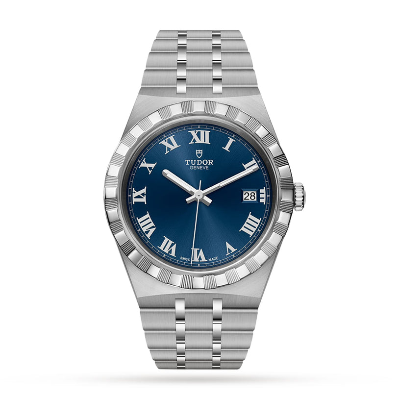 The TUDOR Royal is a stainless steel wristwatch featuring a blue dial with Roman numerals, date window at 3 o’clock, and a metal link bracelet—an automatic sport-chic timepiece crafted for timeless elegance.