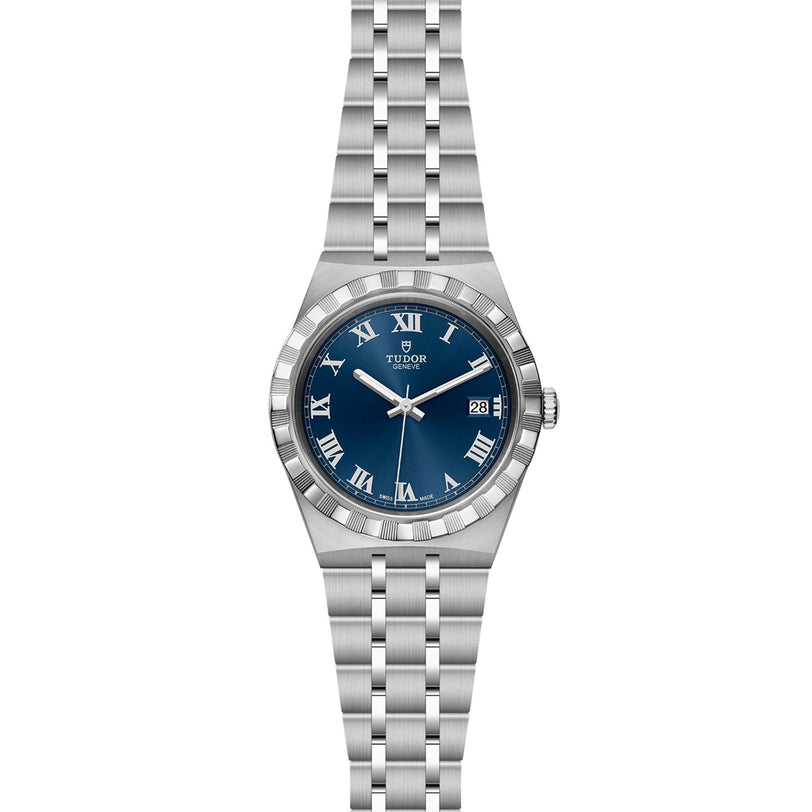 The TUDOR Royal is a stainless steel wristwatch featuring a blue dial, Roman numerals, date at 3 o’clock, and a metal bracelet—ideal for enthusiasts of automatic sport-chic timepieces.