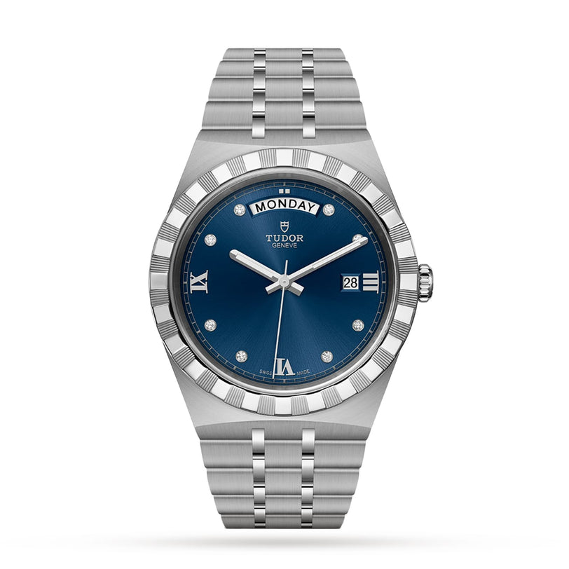 The TUDOR Royal wristwatch features a stainless steel case, blue dial with Roman numerals and diamond hour markers, day and date display, plus an integrated bracelet for a refined sport-chic style.