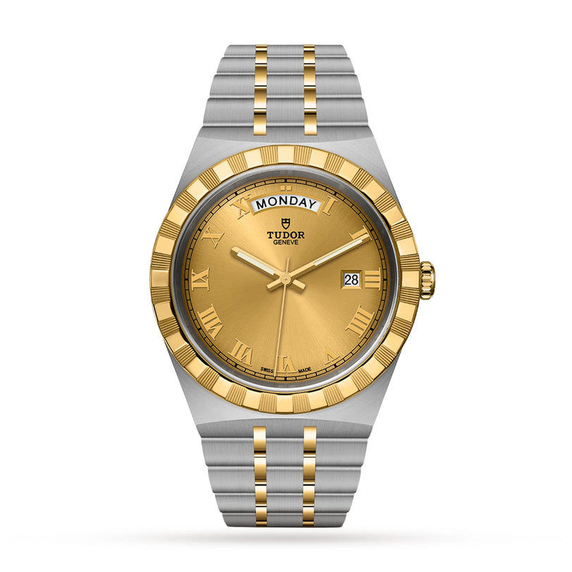 A TUDOR Royal wristwatch in stainless steel and gold with a gold dial, Roman numerals, fluted bezel, and day-date displays.