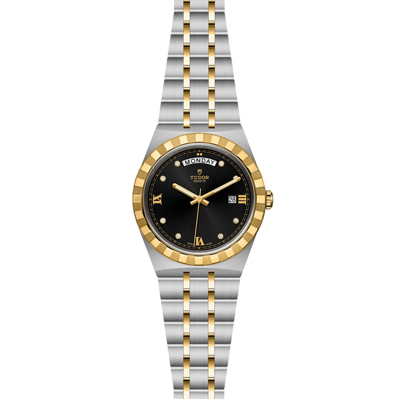 The TUDOR Royal is a two-tone wristwatch with a black dial, gold bezel, integrated bracelet, automatic movement, and sport-chic style. It shows the day at 12 o’clock and date at 3 o’clock.