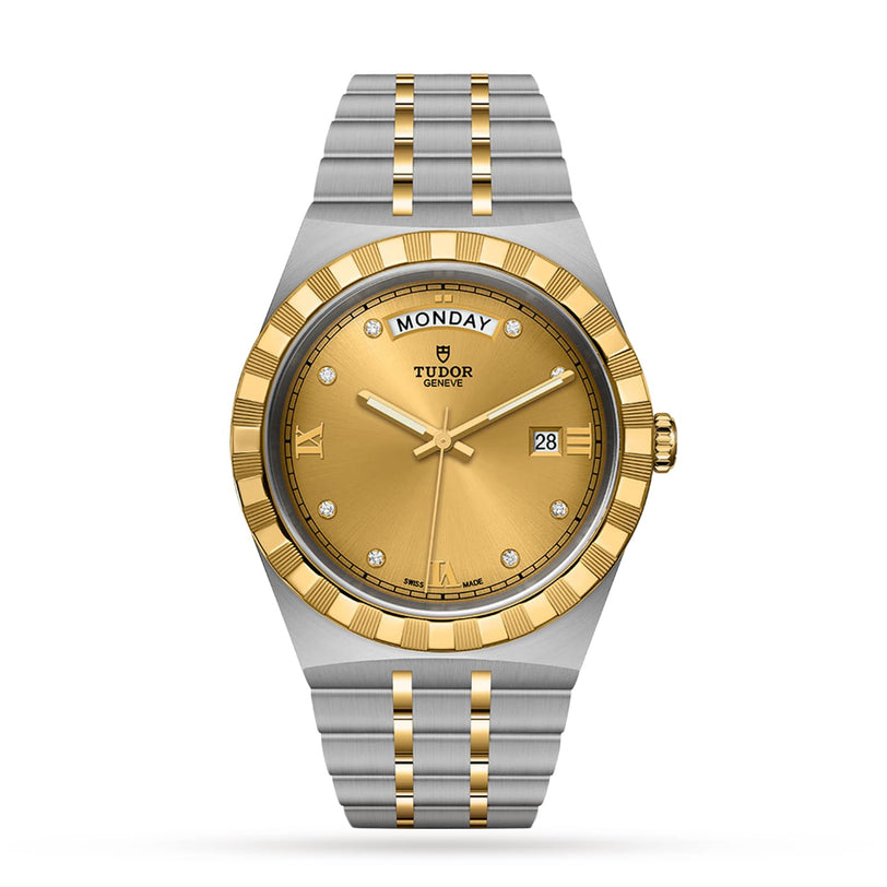 The TUDOR Royal is a two-tone automatic sport-chic watch featuring a gold dial, diamond hour markers, day-date display, and a stainless steel and gold bracelet.