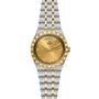 The TUDOR Royal features a gold dial, gold bezel, diamond hour markers, day-date display, and a two-tone stainless steel and gold bracelet for ultimate automatic sport-chic style.