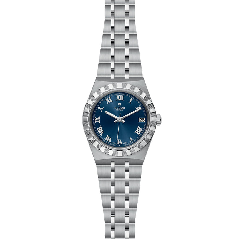 The TUDOR Royal is a stainless steel and gold wristwatch featuring a blue dial, Roman numerals, fluted bezel, date window at 3 o’clock, and embodies the automatic sport-chic style.