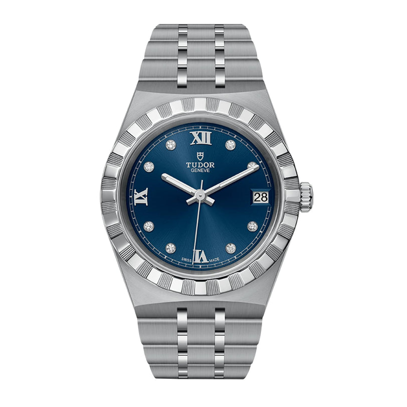 The TUDOR Royal is a stainless steel and gold wristwatch featuring a blue dial with Roman numerals, diamond hour markers, and a date at 3 o’clock—an automatic sport-chic timepiece on a metal bracelet.